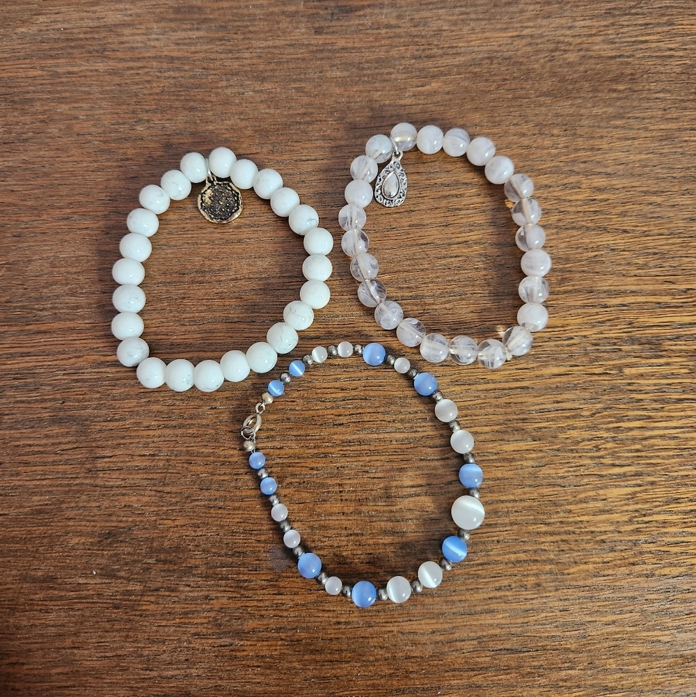 Blue and White Beaded Bracelets Set Of 3